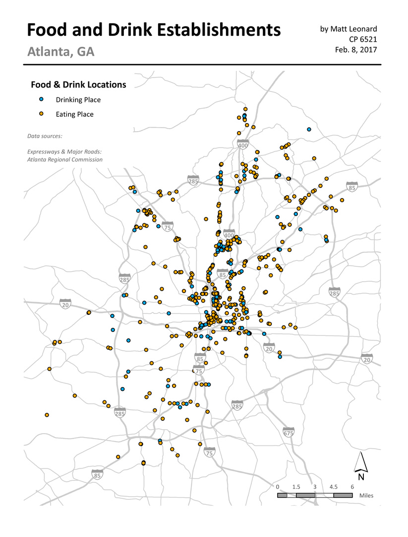 Map of sample food and drink locations, Atlanta, GA. Produced in ArcGIS.