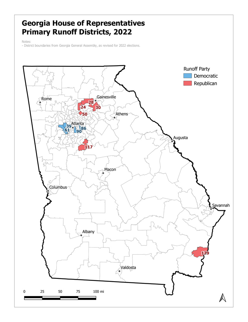 Volunteer work: Mapping legislative districts having runoff elections in 2022, for a voting advocacy organization. Created in QGIS.