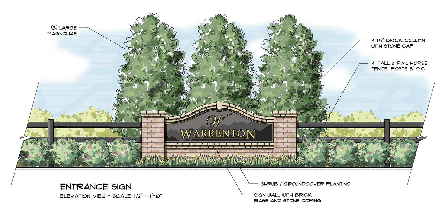 Entrance sign elevation. Drafting, design refinement, and rendering. AutoCAD/hand sketch and Photoshop rendering.