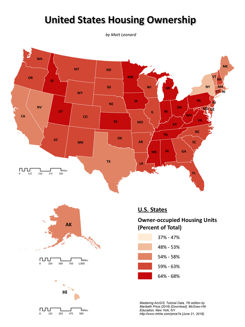 Mapping rate of owner-occupied housing units by U.S. state.