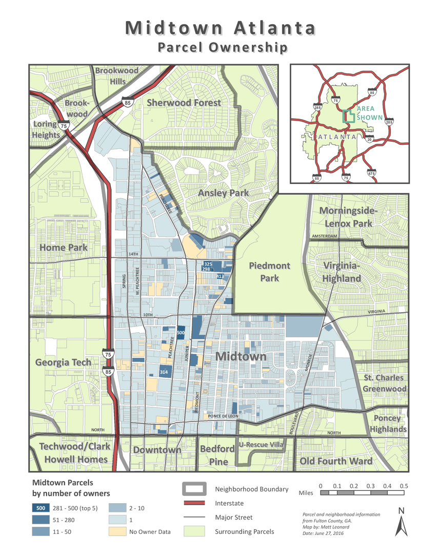 Land parcels mapped by number of owners for Midtown, Atlanta, GA. Produced in ArcGIS.