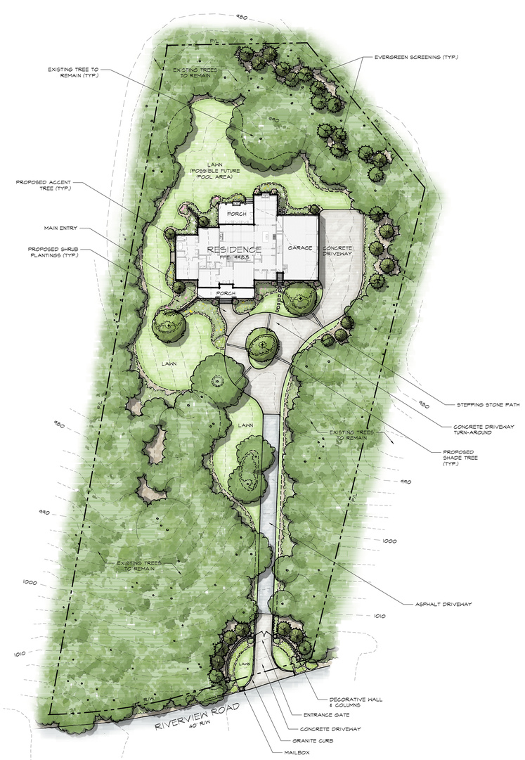 Conceptual landscape plan for large residential lot. Hand drawing and Photoshop rendering.