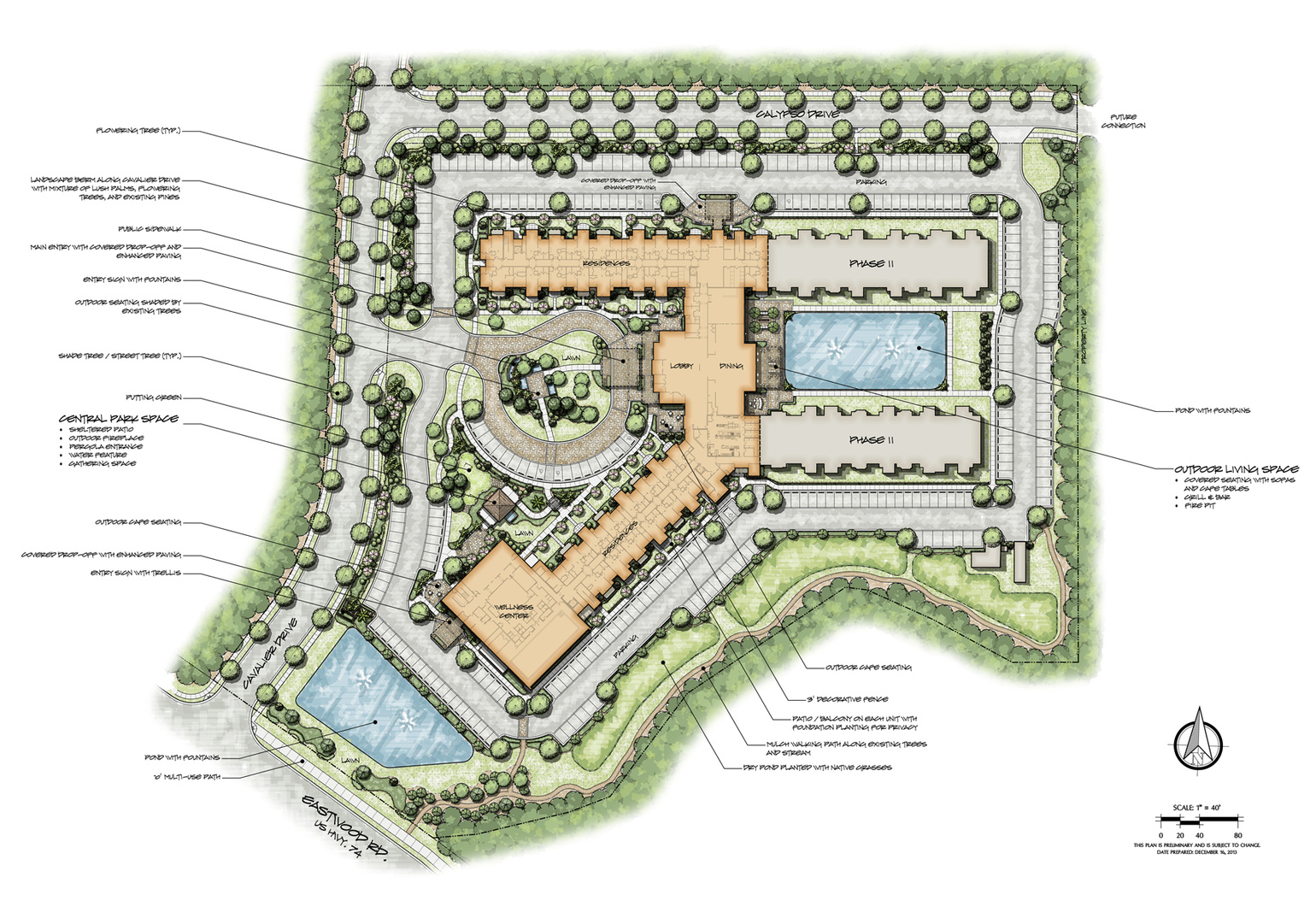 Preliminary landscape and outdoor amenity plan for a senior living center. Rendering only (Photoshop).