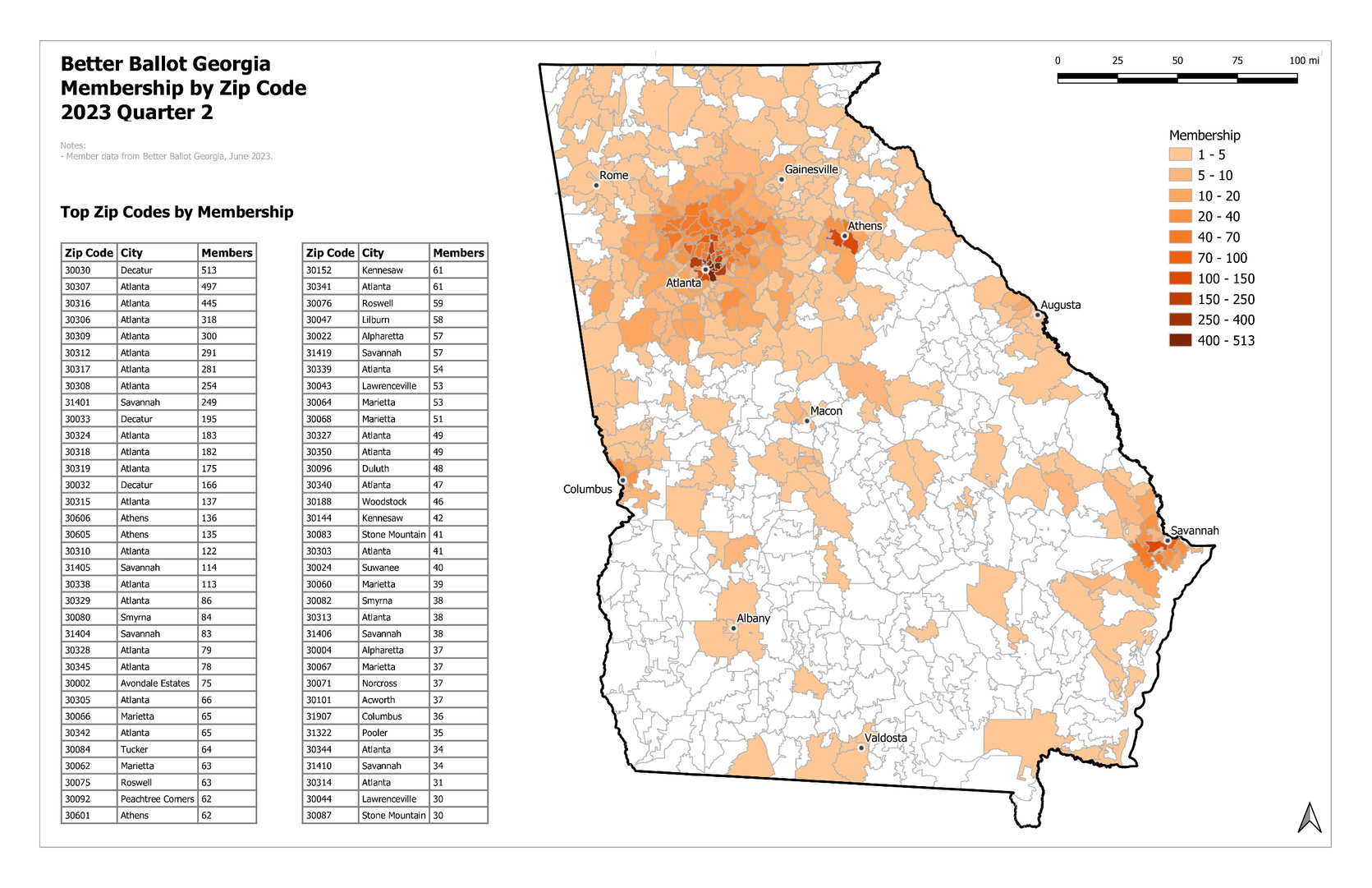 Volunteer work: Mapping membership by zip code, for a voting advocacy organization. Created in QGIS.