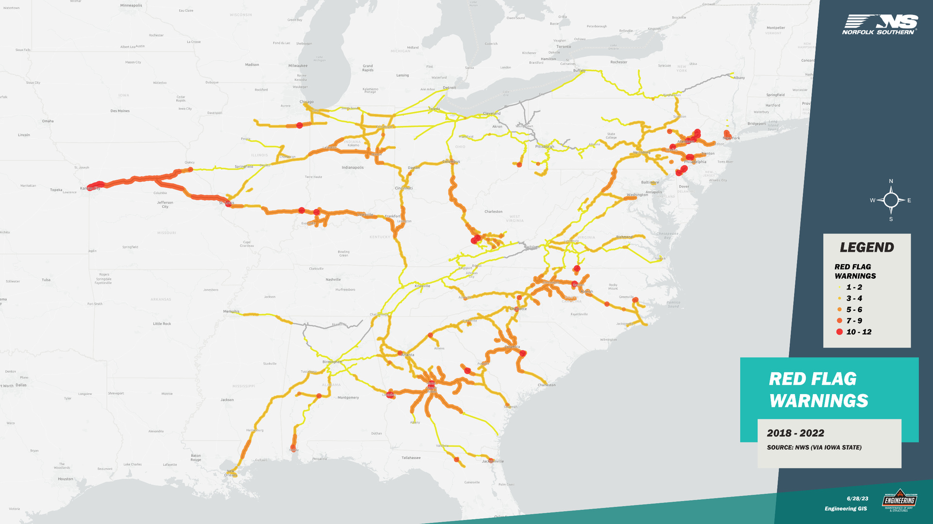 Mapping Fire Outlooks (fire risk conditions) across a rail corridor system. Created in ArcGIS.