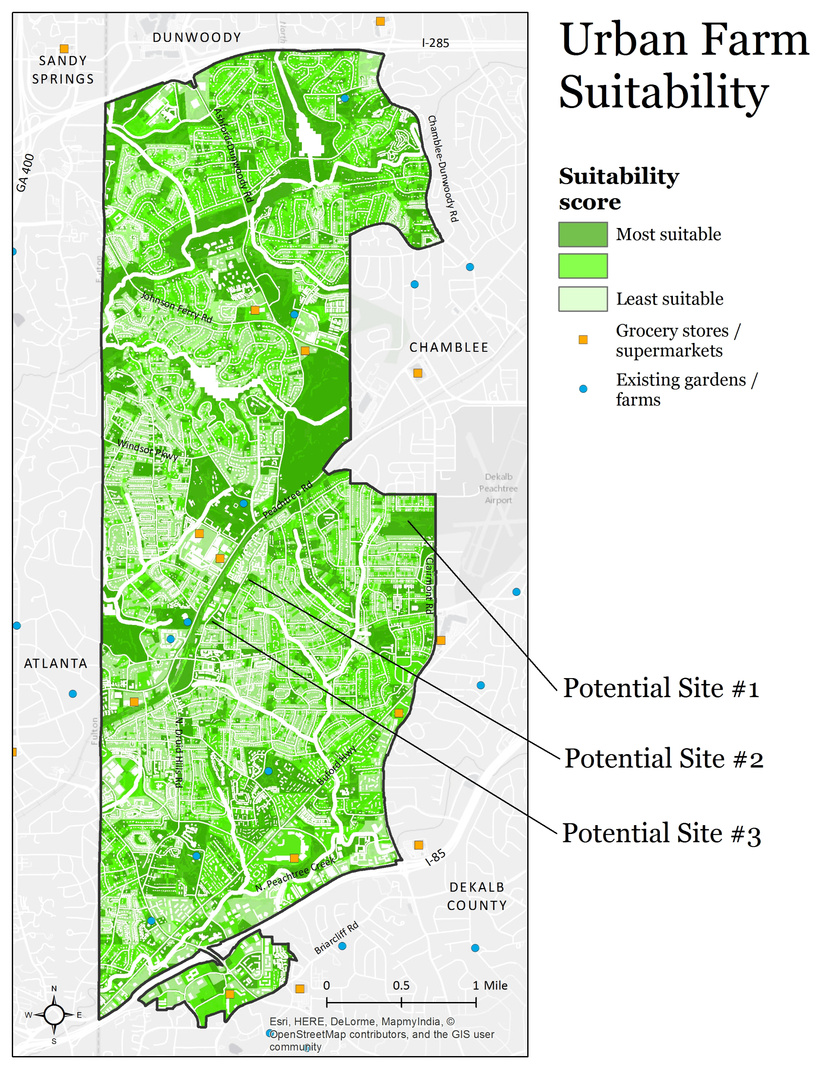 Site suitability analysis for a potential urban farm in Brookhaven, GA, using ArcGIS. Criteria considered were slope, cost of land, distance from existing farms/gardens and grocery stores, and existing land cover.