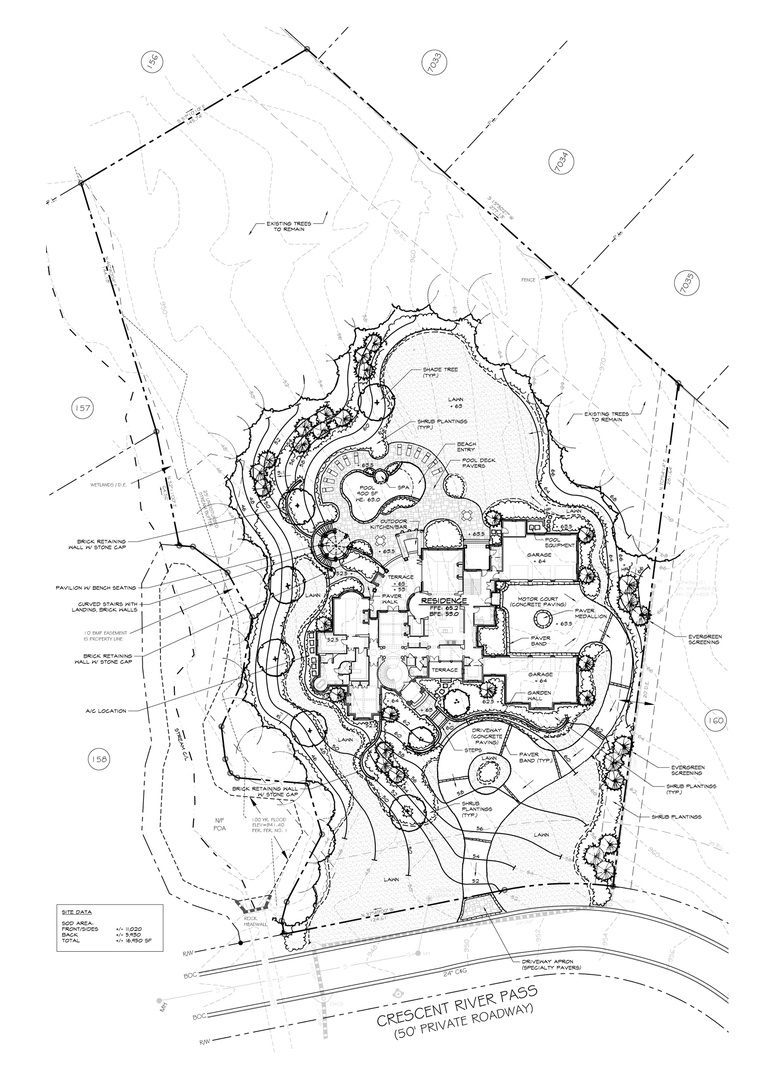 Preliminary landscape plan for private residence. Hand drawing over CAD drafting. I contributed to landscape and grading design.