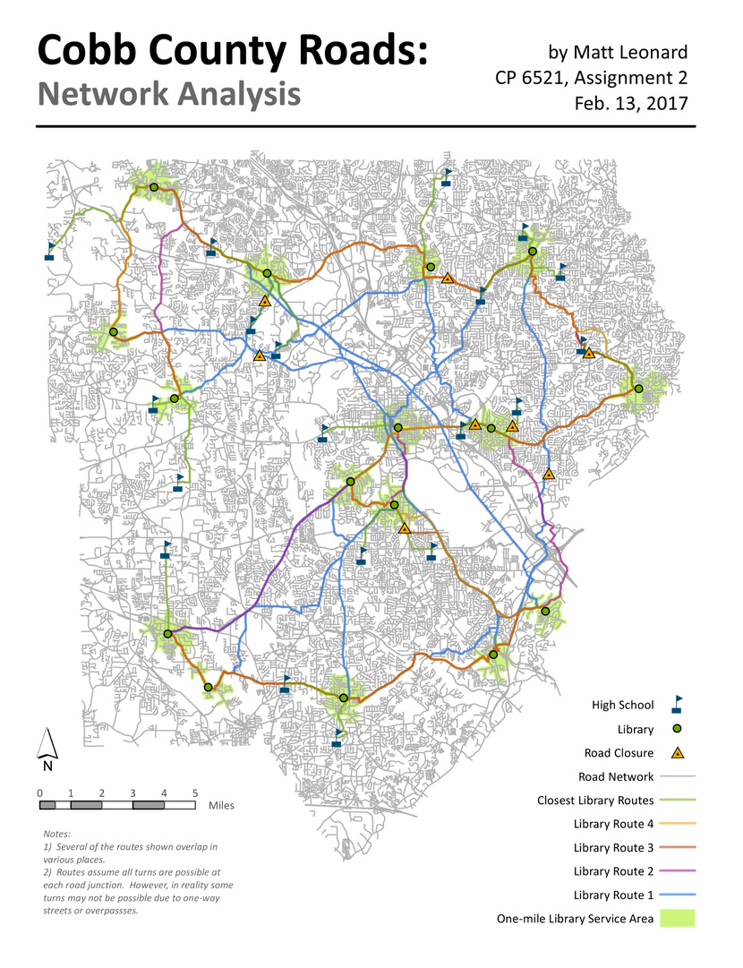 Hypothetical routes connecting libraries and library service areas in Cobb County, GA, calculated using Network Analyst in ArcGIS.