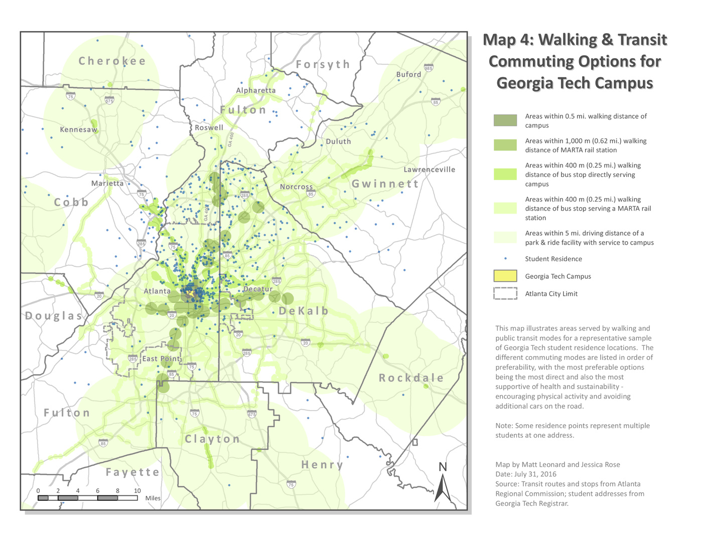 Transit access for students of Georgia Tech, Atlanta, GA. Produced in ArcGIS.