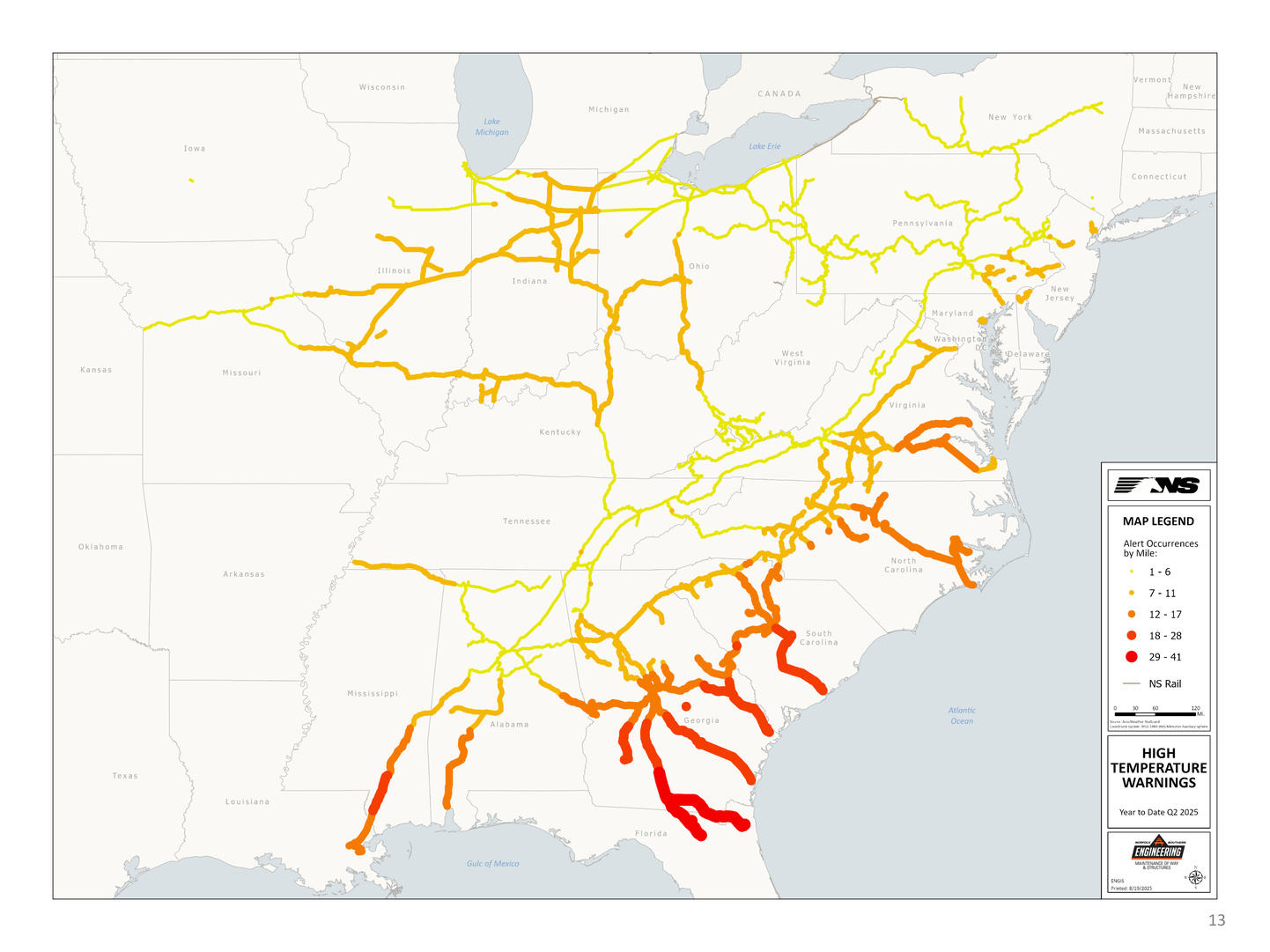Mapping high temperature alerts across a rail corridor system. Created in ArcGIS.