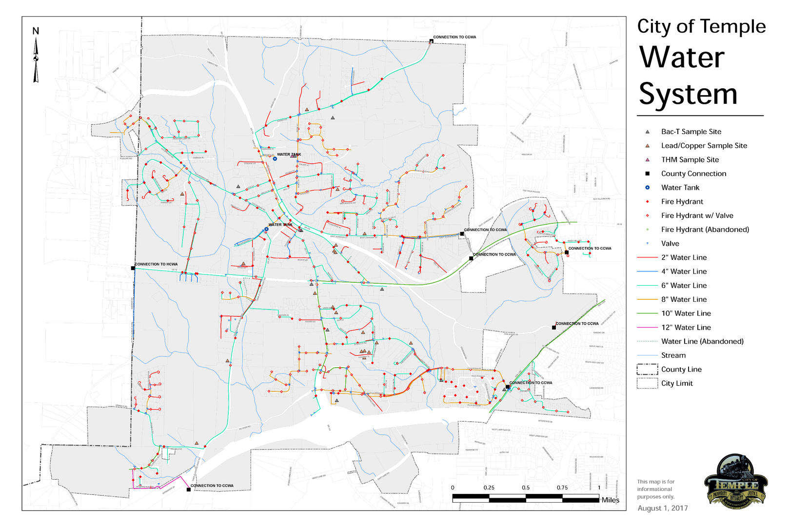 Map of water system for City of Temple, GA. I created geodatabases from scratch for water and stormwater systems, including pipes, point structures, and attributes such as pipe sizes. Some data collected from field observation.