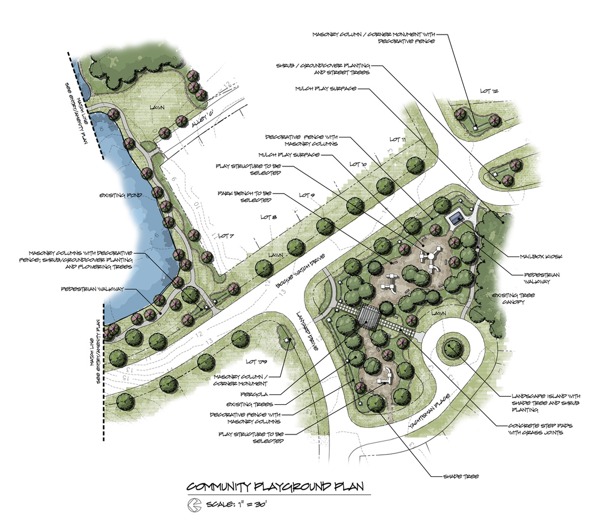Preliminary plan for a neighborhood playground. Drafting and rendering - AutoCAD/Photoshop.