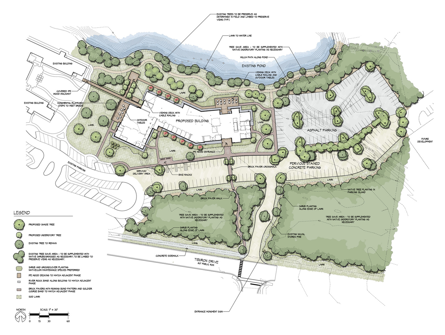 Conceptual landscape plan for office development. AutoCAD drafting &amp; Photoshop rendering.