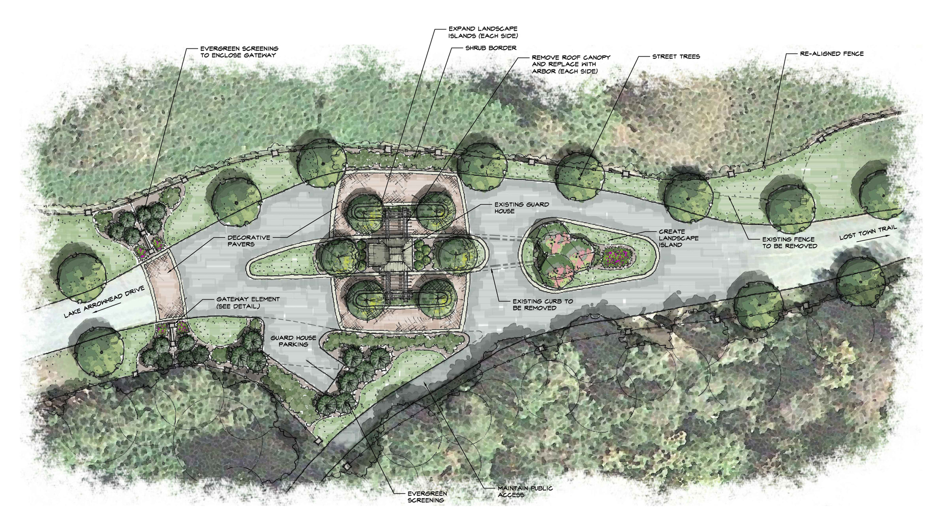 Entrance gate redesign concept. Hand sketch and Photoshop rendering over aerial photo.