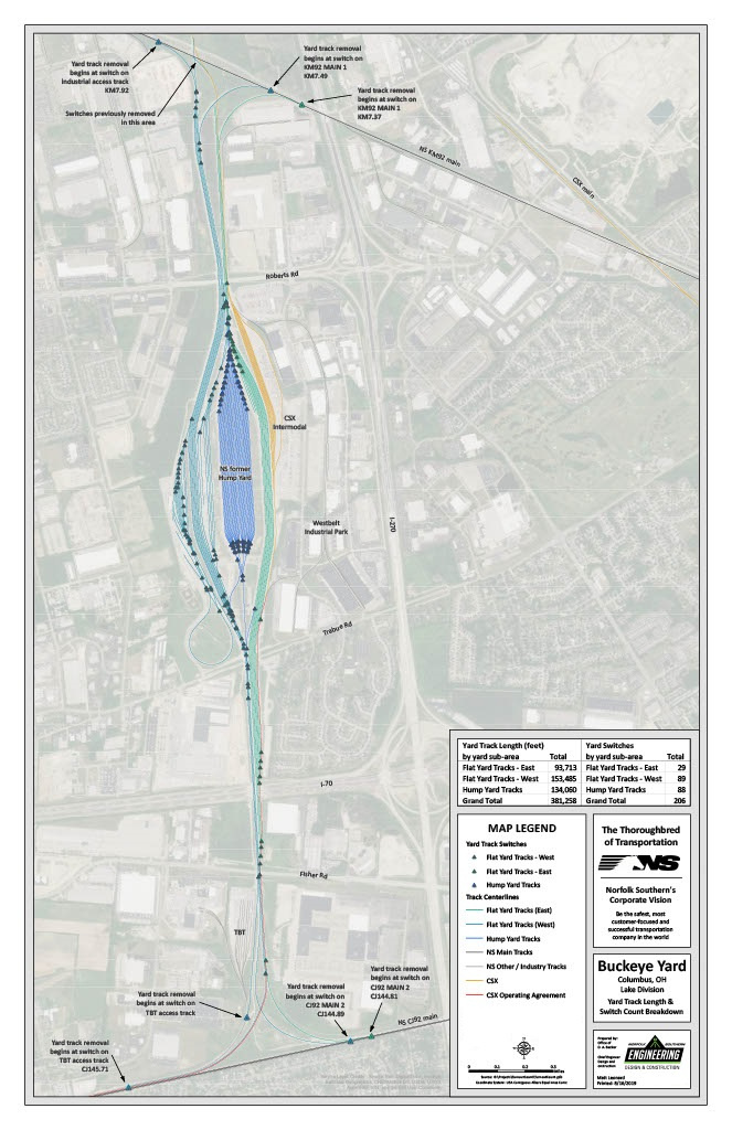 Detail map of tracks and turnouts (switches) in a major rail yard, to quantify tracks for removal. Created in ArcGIS.