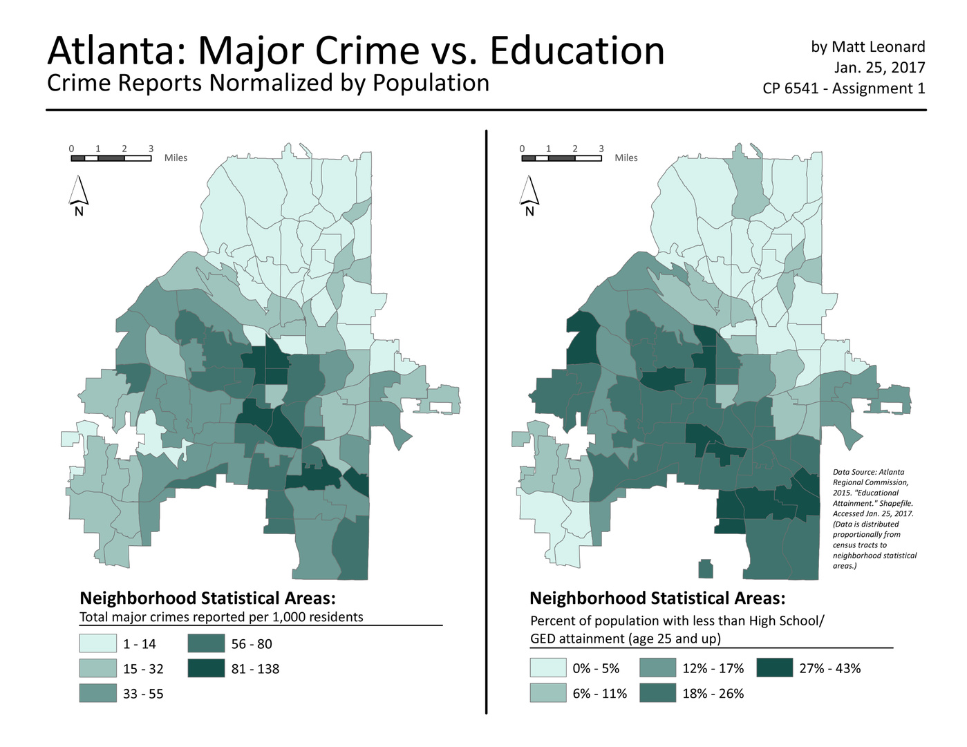 Major crime reports and educational attainment, mapped by neighborhood statistical area, Atlanta, GA. Produced in ArcGIS. Year not given for crime reports - this is for demonstration of mapping techniques only.