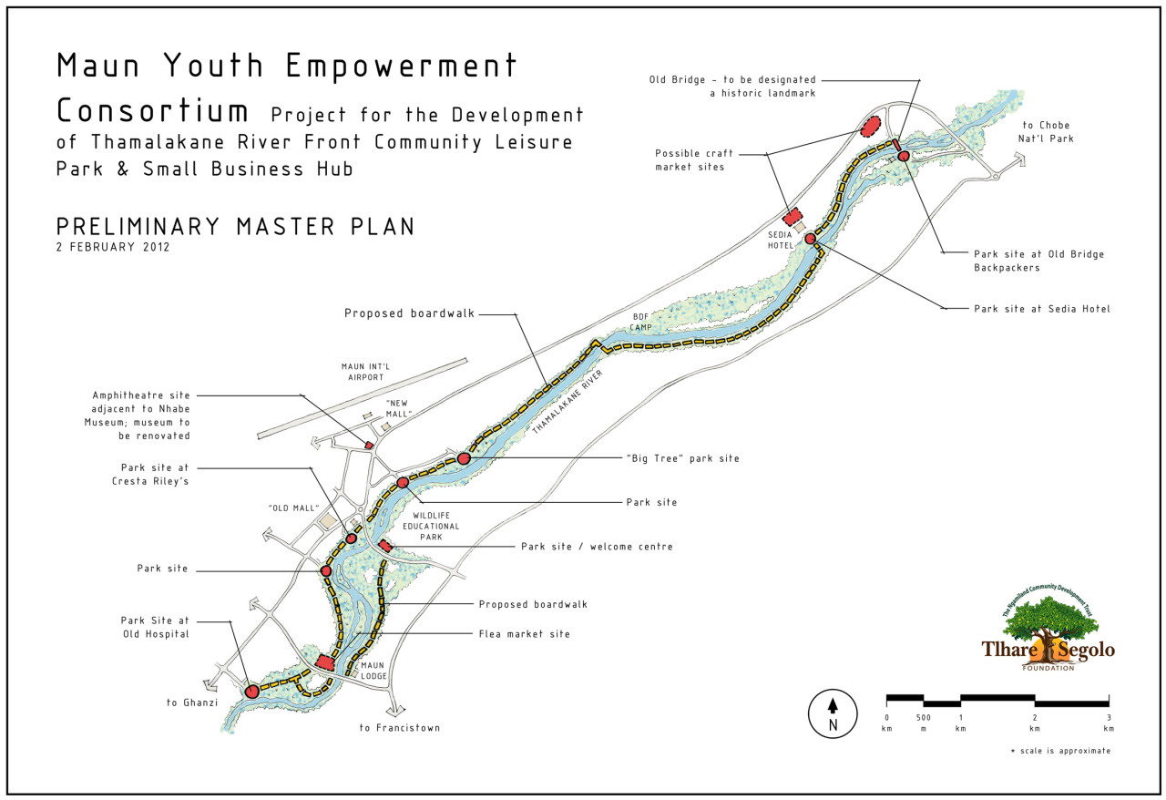 Preliminary master plan for boardwalk/park system in Maun, Botswana. Prepared during Peace Corps service, working with a local non-profit, to promote tourism and economic development.