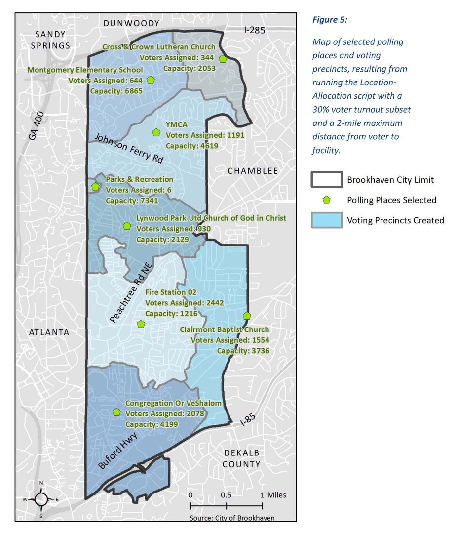 Python script and custom tool in ArcGIS, to select optimal polling place locations for a hypothetical election in the city of Brookhaven, GA. Used network analysis functions of ArcGIS/arcpy, particularly Location Allocation.