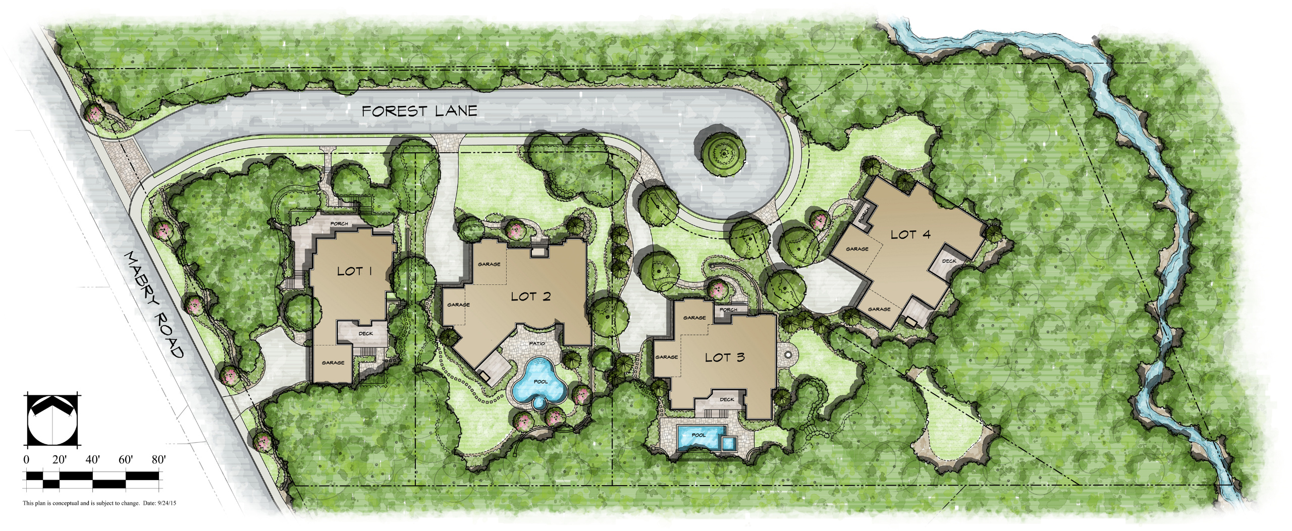 Site plan rendering of small 4-lot subdivision. Conceptual site planning and rendering. AutoCAD/Photoshop.